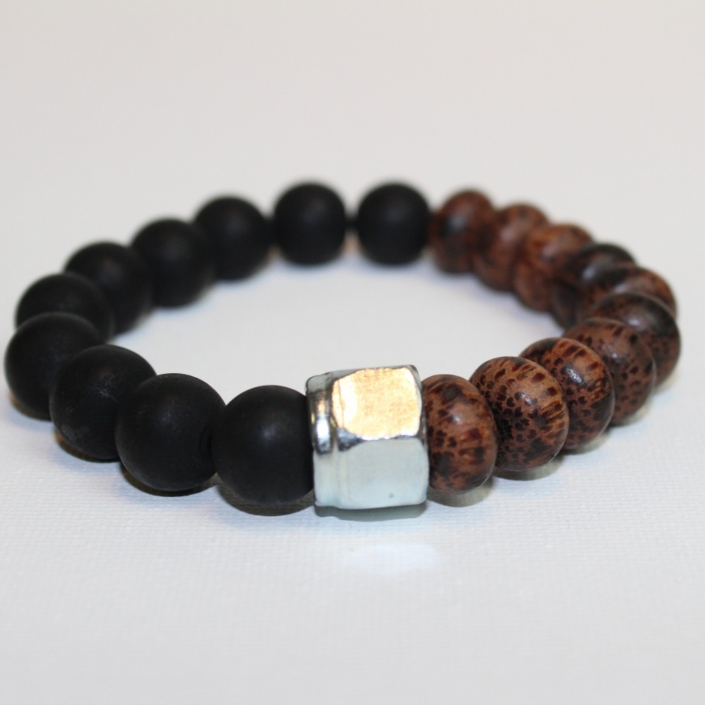 Two-Tone Black Matte Beaded Stretch Bracelet